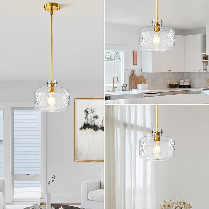 WILON Gold Pendant Lights Kitchen Island, Embossed Clear Glass Chandelier Pendant Light Fixture, Industrial Round Ceiling Pendant Light Fixture for Dining Room Kitchen Island Foyer Entryway(Brass)