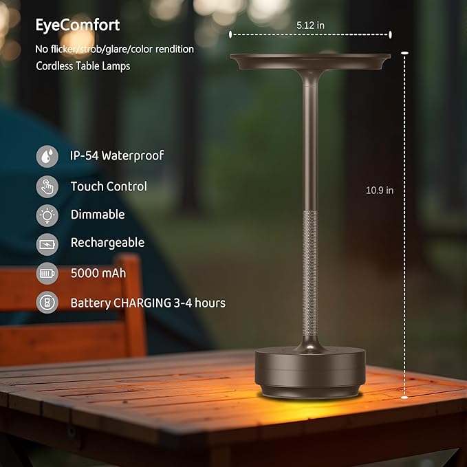 Cordless Table Lamp Rechargeable - 5000mAh Battery Operated LED Table Light with Touch Stepless Dimming - Portable Coffee Metal Outdoor Lamp for Patio, Restaurant, Living Room