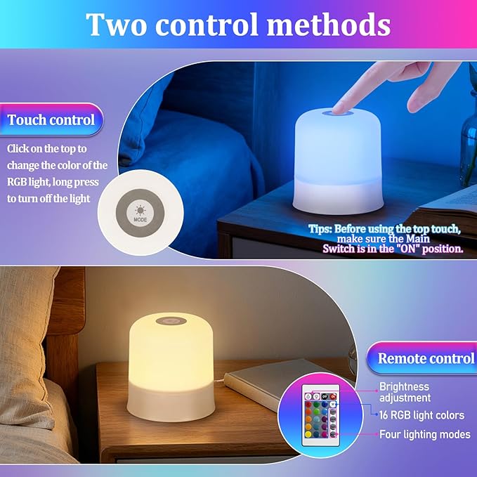 Night Light Bedside Lamp with Touch and Remote Control, 13 RGB Colors Changing 5 Brightness Dimmable Table lamp, Rechargeable Portable Desk Lamp for Baby Kids Nursery Bedroom Outdoor Camping