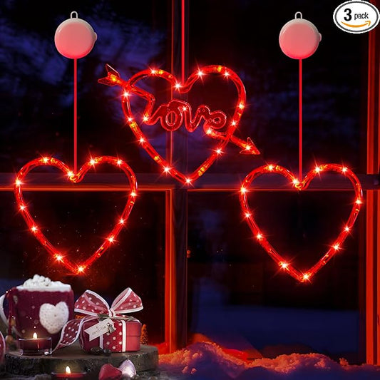 3 Pack Valentines Day Window Lights Decorations with Timer, Battery Powered Hanging Red Lighted Heart Shaped Silhouette Sucker LED Lamp for Fireplace Indoor Home Decor