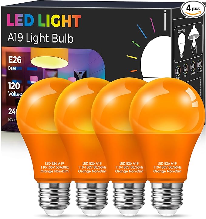 Orange Light Bulbs [ 4 Pack ] A19 Halloween Light Bulbs LED Orange Bulb Outdoor 9W (60 Watt Equivalent) - E26 Colored Light Bulb for Porch Light Christmas Party Home Holiday Decorative Illumination