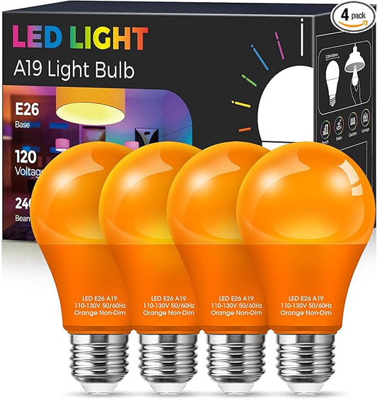 Orange Light Bulbs [ 4 Pack ] A19 Halloween Light Bulbs LED Orange Bulb Outdoor 9W (60 Watt Equivalent) - E26 Colored Light Bulb for Porch Light Christmas Party Home Holiday Decorative Illumination