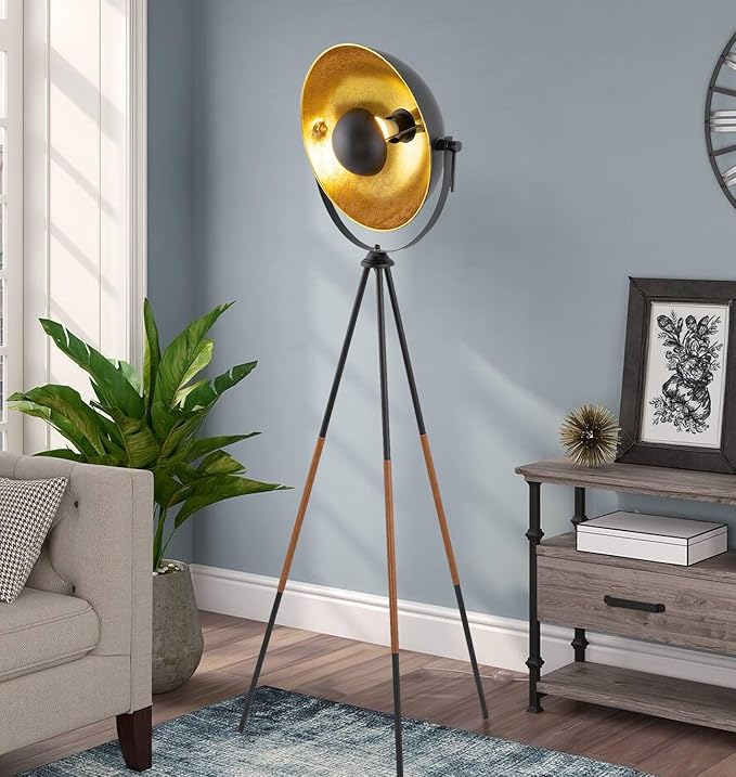 Kira Home Sulis 58" Modern Industrial Tripod LED Floor Lamp + 9W Bulb (Energy Efficient/Eco-Friendly), Leather Accent Legs, Satellite Style Shade, Black Finish