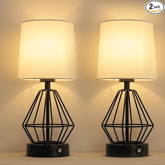 8000mAh Rechargeable Battery Table Lamp,Black Cordless Lamp Set of 2,Touch Stepless Dimming,Black Cage Frame Wireless Lamp,White Lampshade,14.7inches Tall
