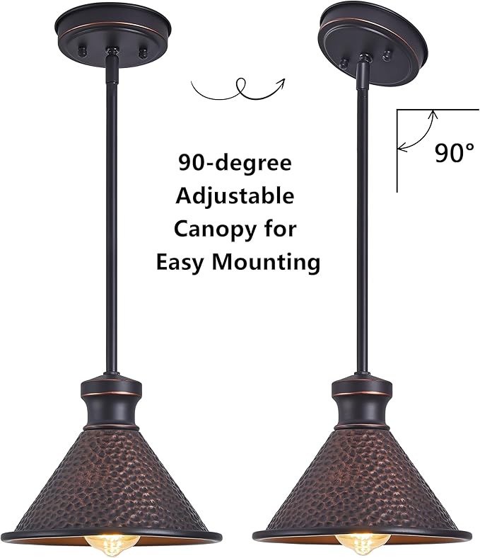 Max 58”Ht Adjustable Tube Mini Pendant,Vintage Hammered Pattern Cast Aluminum Shade,1-E26 Classic Lamp,Oil Rubbed Bronze Farmhouse Hanging Light for Kitchen Island,Entryway,Dining Room.