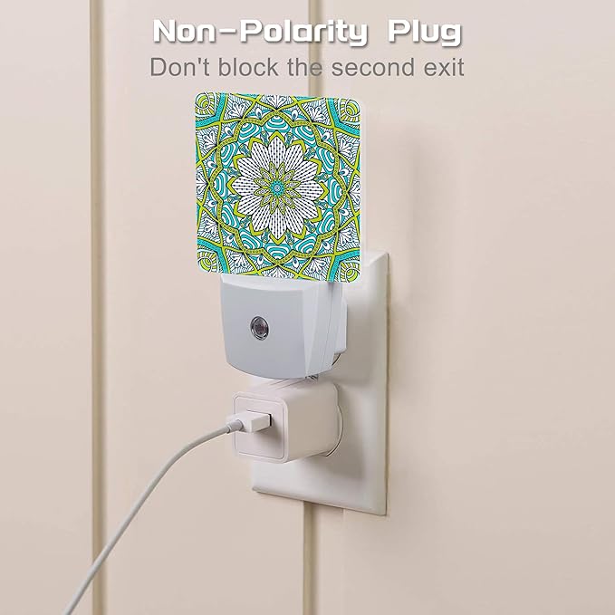 Vintage Mandala Flower Night Light Plug into Wall, Green Mandala Floral Dusk to Dawn Night Light,0.5w Energy Saving Sleep Friendly Nightlights for Kids Boys Girls Home Decor