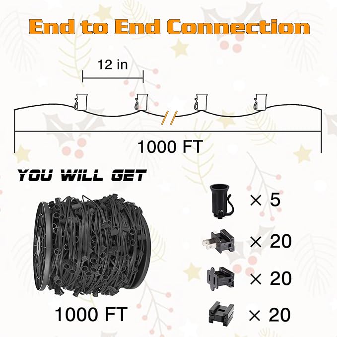 1000FT C9 Light String, E17 Socket 12" Spacing, C9 Christmas Stringer Outdoor Black Stringer for Wedding Patio Event Lighting Decor, Black Wire