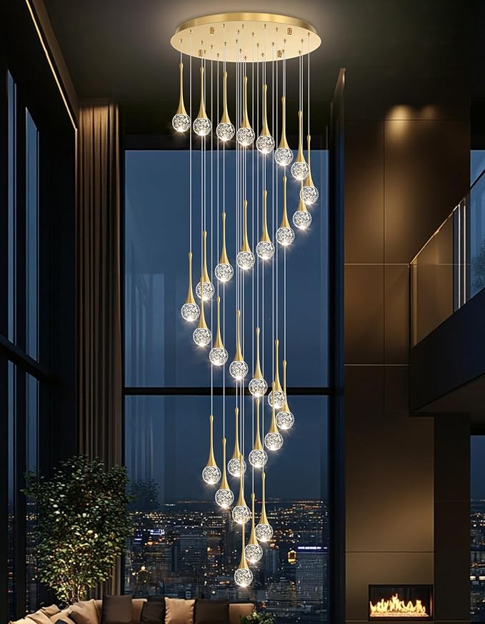 30 Light Modern Glam Crystal Chandelier for High Ceiling LED Dimmable Ceiling Pendant Light Staircase Foyer Enterway Living Room Chandelier Lighting Antique Gold