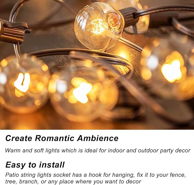 Abeja 50Ft Outdoor Patio String Lights with 53 Clear Globe G40 Bulbs,UL Certified for Patio Porch Backyard Deck Bistro Gazebos Pergolas Balcony Wedding Gathering Parties Markets Decor, Brown Wire