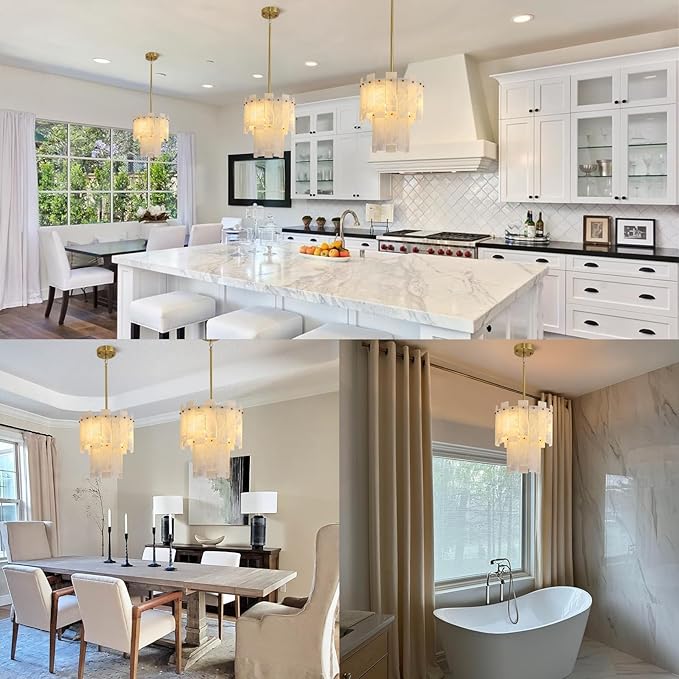 Alabaster Chandelier D13in Spanish Natural Marble Round Chandeliers, 2 Tiers Brass Alabaster Pendant Light,Modern Gold Small Chandeliers for Dining Room,Foyer,Kitchen Island,Bathroom,Bedroom