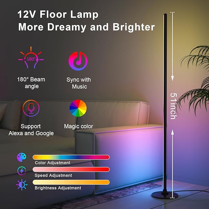 LED Floor Lamp, Corner Lamp Compatible with Alexa, Smart Modern Floor Lamp with Music Sync 16 Million Colors & 68+ Scene RGBICW Floor Lamp for Bedroom Living Room and Gaming Rooms