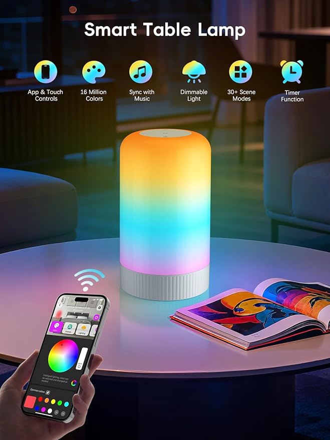 RGBICWW Smart Table Lamp, Touch Bedside Lamp with App Control, LED Desk Lamp with Music Sync, 30+ Scenes & 16M Colors, Smart Lamps for Bedroom Living Room Gaming Dimmable Night Light, Grey