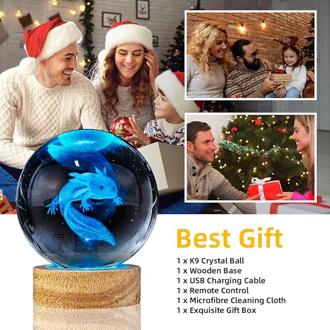 3D Axolotl Crystal Ball Night Light with 16 Color LED Wooden Base, Upgraded 3.15 Inch Axolotl Glass Ball Lamp with Remote Control Cool Desk Decor Gifts for Kids Girls Boys Friends Fans