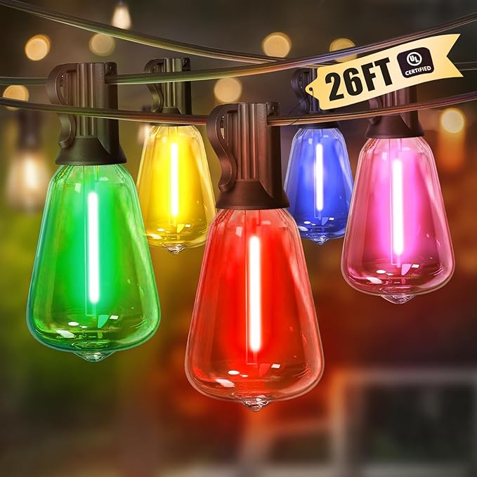 LAMPHOME 26Ft ST38 Outdoor String Lights, Multicolor Patio Lights with 12+1 ST38 Edison Colorful Bulbs, LED Shatterproof Colorful String Lights for Outside Bistro Christmas Patio Party Decorations
