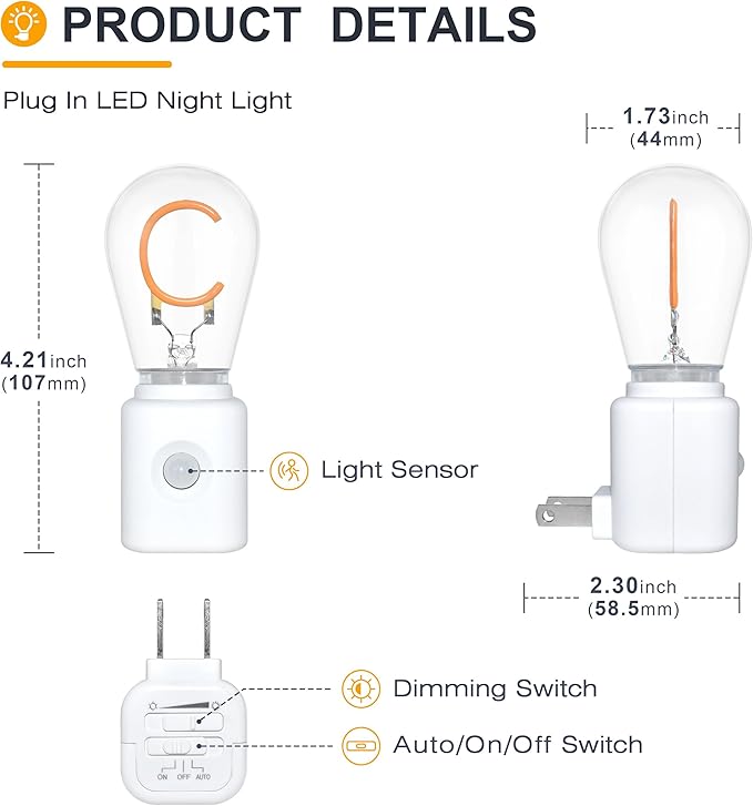 Amber Night Light, Night Lights Plug into Wall, 1W 2200K C-Type LED Night Light, Motion Sensor, Adjustable Brightness, 1-Pack