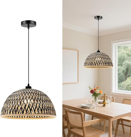 Bamboo Pendant Light Fixture, 9.84 inch One-Light Adjustable Boho Handmade Woven Pendant Lighting for Kitchen Island Dining Room Living Room (Medium)