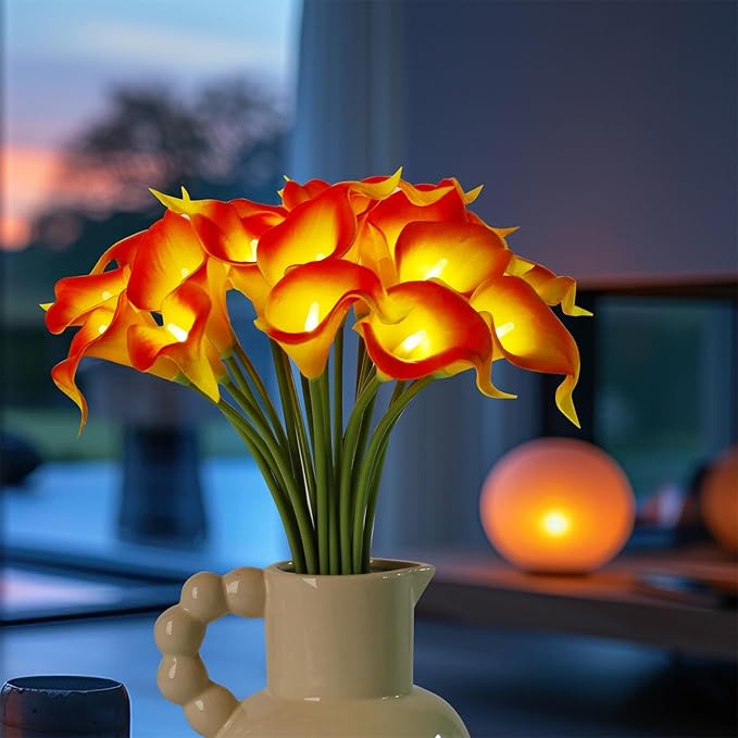 LED Lighted Artificial Flowers Calla Lily Bouquet Lamp 20 stems Real Touch Calla Faux Flower Lights for Valentine's Day Gift and Easter Home Kitchen Wedding Dining Table Decor(Orange, No Vase)