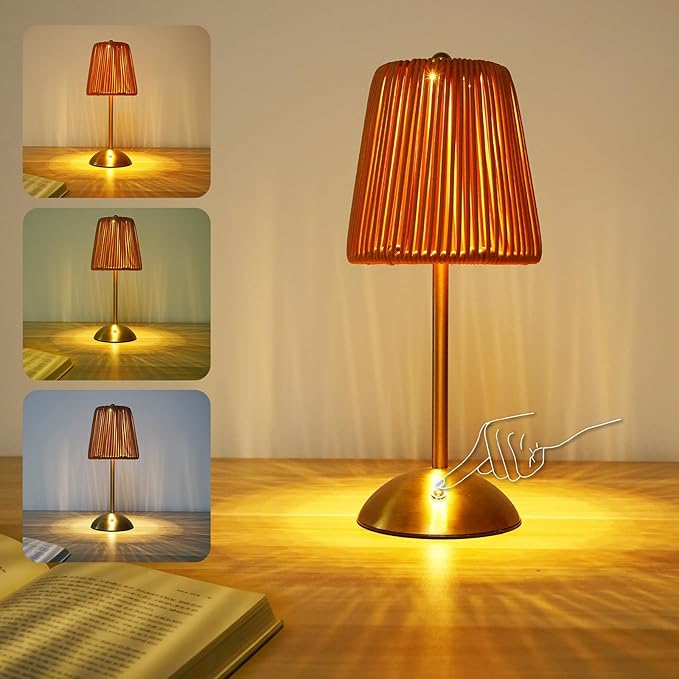 Boho Rattan Table Lamp, Cordless Wicker Woven Vintage Table Lamp - LED Rechargeable Touch Control 3 Color Dimmable Reading Bedside Lamp for Bedroom Living Room Office, Home Outdoor Decor (Brown-1)