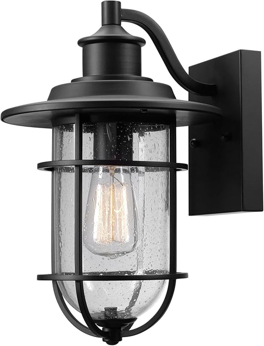Globe Electric 44094 1-Light Outdoor/Indoor Wall Sconce, Black Finish, Seeded Glass Shade, Coastal Modern Design, Weather-Resistant, E26 Base