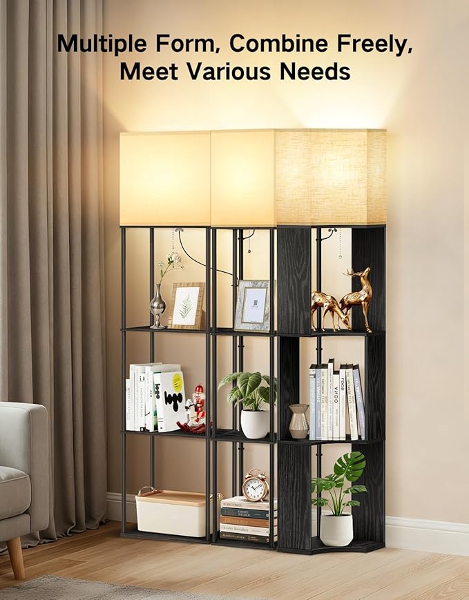 OUTON Floor Lamp with Shelves, Modern Tripod Standing Shelf Lamp with 3 Color Temperature Bulb, Storage Display Wood Column Tall Bookshelf Lamp for Living Room, Bedroom Office, Black