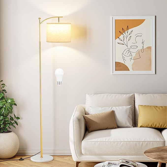 Ambimall 60" Floor Lamps for Living Room with 3 Color Temperatures, Gold Standing Lamp with White Marble Base, Modern Tall Lamps for Bedroom Office, 9W LED Bulb Included