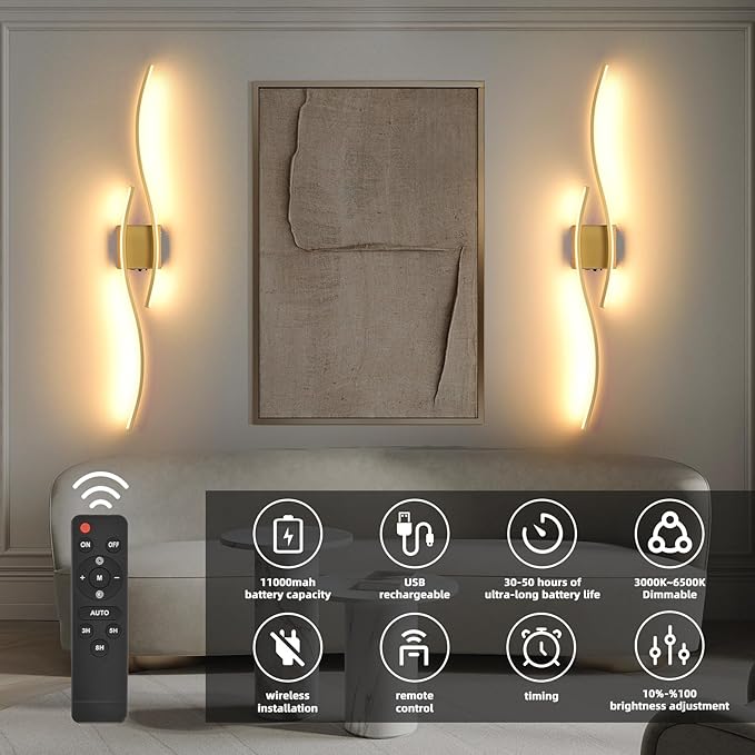 Battery Powered Wall Sconces Set of 2, Gold 39" LED Dimmable Wall Sconce with Remote Control/Timer/Memory, USB Rechargeable Wall Lights for Living Room, Bedroom, Hallway Wireless scones Lighting