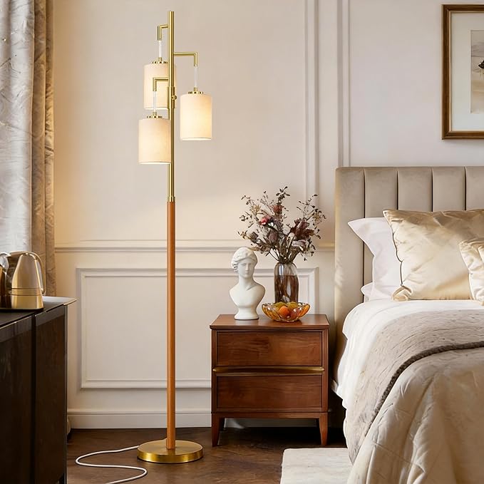 70" Dimmable Floor Lamp Wood Floor Lamps for Living Room Bedroom Mid Century Modern Floor Lamp Gold Standing Lamp Tall Lamps for Office Nursery Reading Elegant Stand Up Lamp, 3 Bulbs Included
