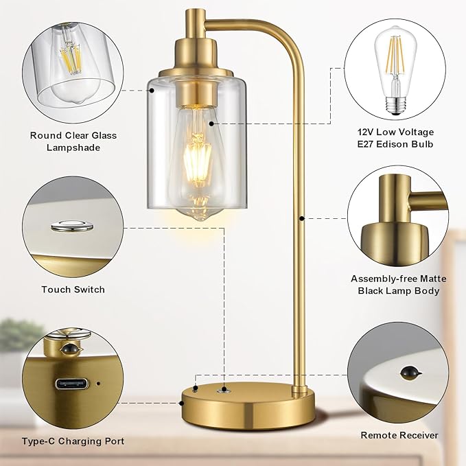 2 Pack Cordless Table Lamp Rechargeable Gold, 8000mAh Battery Operated Table Lamps with Remote Control, Touch Dimmable Bedside Lamps with Glass Shade, Portable Wireless Lamp for Bedroom, Living Room