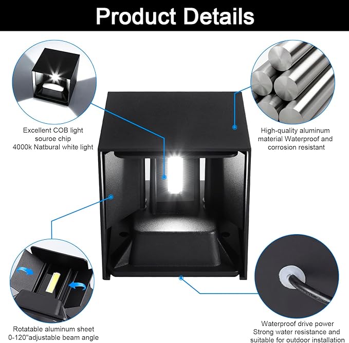 Juyace 20W 6000K LED Sconce Wall Up and Down Exterior Lighting hardwire No photocells Light Fixtures with Angle-Adjustable Square 4.7" IP65 Waterproof for Porch Patio 4 Pack