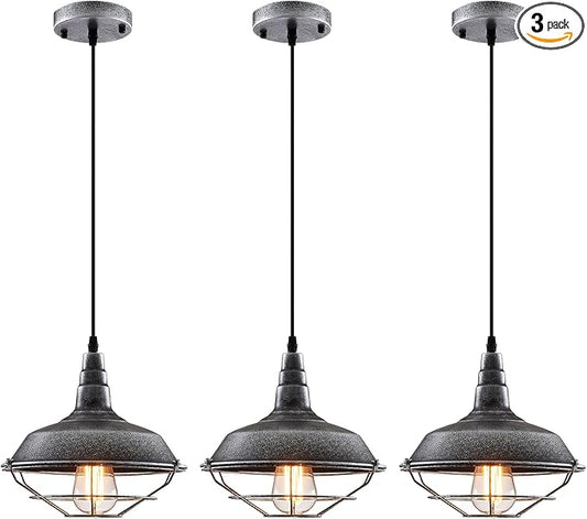Black and Silver Pendant Light fixtures 10.5 inches 3 Packs, Matte Pendant Lights Kitchen Island, Industrial Pendant Light, Vintage Farmhouse Pendant Lights for Dinning Room Entryway Barn