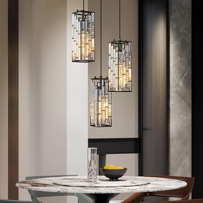 Black Pendant Lighting Modern Pendant Light, Mini Crystal Chandeliers,Adjustable Pendant Light Fixture for Kitchen Island Dinning Room Bedroom (3 Light)