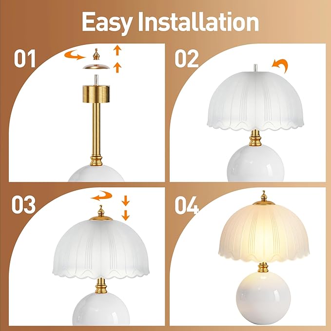PARTPHONER Mushroom Table Lamp, Ceramic Bedside Lamp with Glass Shade, 3-Way Lighting (2700K-5000K) Rocker Switch, Small Nightstand Lamp for Bedroom, Living Room, Office, White