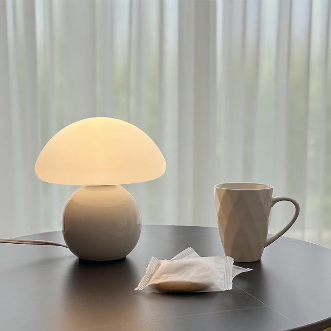 Mushroom Lamp Ceramic Base,Bedside Lamps White Cute 70s Mid Century Modern Decor Lamp for Bedroom,Small Abstract Table Bedside Glass Mood Coze Fun Warm Light