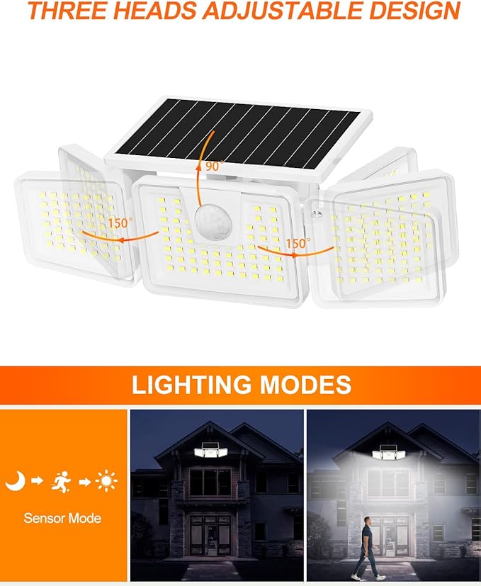 INCX 156 LED Solar Motion Lights Outdoor 2 Pack, 3 Heads Solar Security Lights with Motion Sensor IP65 Waterproof, Flood Lights for Wall, Patio, Garden, Porch, Garage White