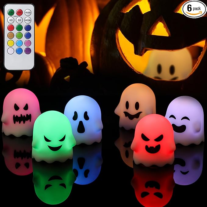 Wondise Halloween Flickering Flameless Candles with Remote and Timer, Color Changing Battery Operated Tea Lights Candles Spooky LED Candles for Halloween Home Horror Party Decoration(2 x 2.4 Inches)