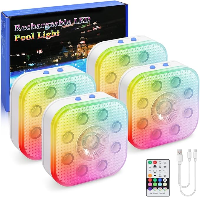 Vangue Premium Rechargeable Submersible Lights, 3 Lighting Modes LED Pool Lights for Inground Pool, IP68 Waterproof, Brightness Adjustable, Also Suitable for Hot Tubs, Showers, Ponds