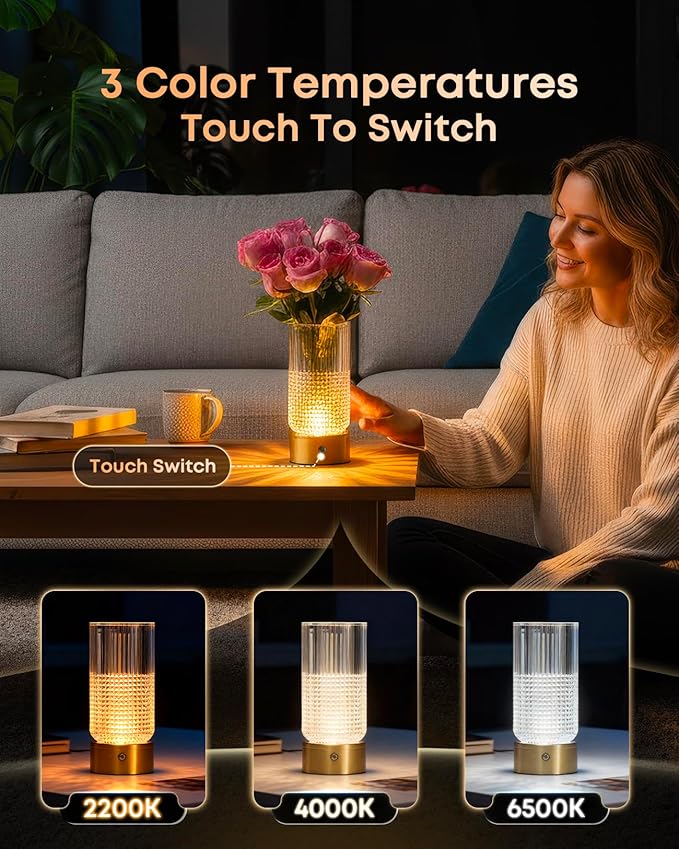 2 in 1 Rechargeable Bedside Lamp & Flower Vase, 3 Color Dimmable Touch Control Cordless Table Lamp, 3600mAh Battery Operated Decorative Lamp for Bedroom Living Room Wedding, Copper Finish