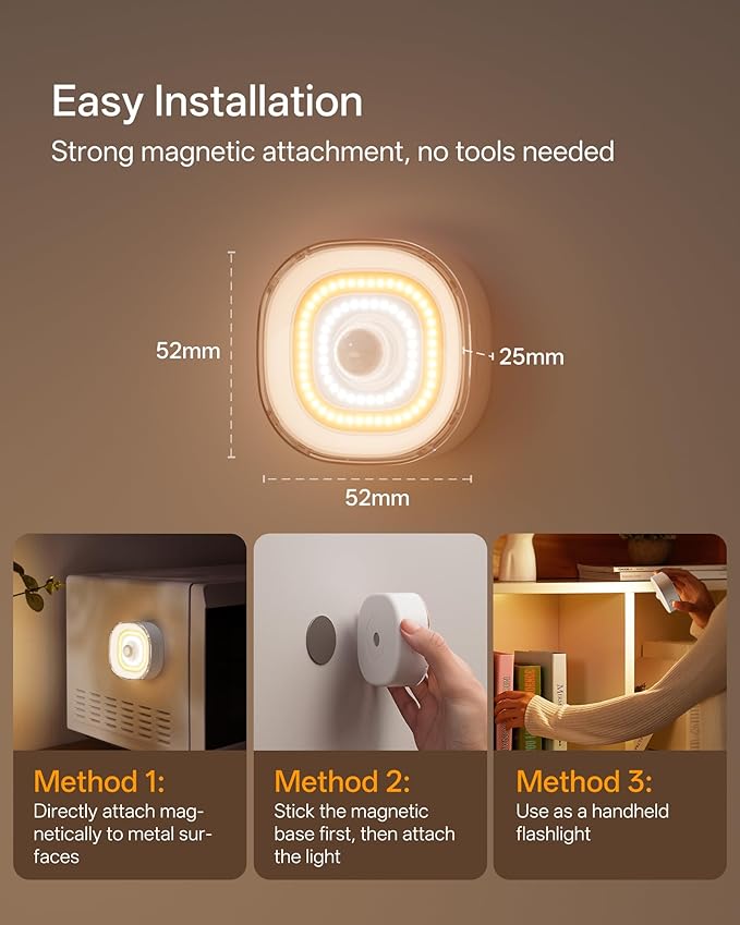 Homelist 4 Pack Small Rechargeable Motion Sensor Light, COB Light Source Puck Lights Rechargeable, 100LM Motion Sensor Night Light for Bedroom Bedside, Cabinets, Kitchen Counter, Hallway, Stairs