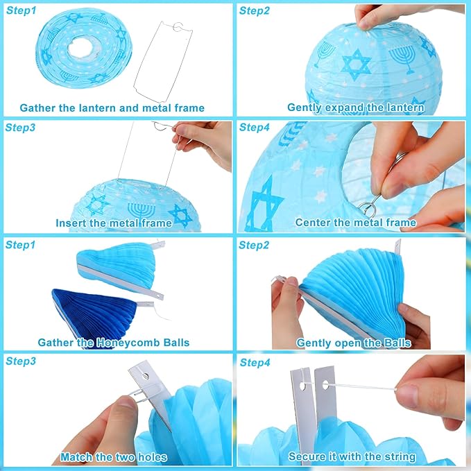 Retisee 18 Pcs Hanukkah Party Decoration Happy Hanukkah Paper Lanterns with Candlestick Dreidel Blue White Hanging Paper Fans Honeycomb Balls Chanukah Home Ornament for Jewish Party Decor