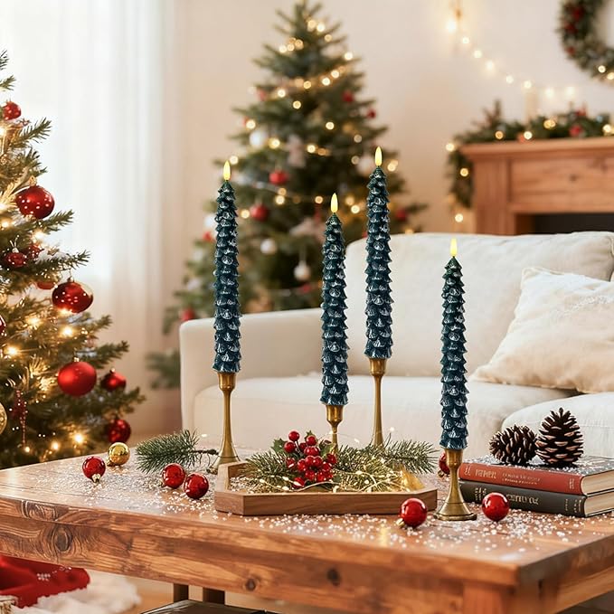 Christmas Decorations Indoor, Christmas Decor - Christmas Tree Taper Flameless Candles Battery Operated with Remote Timer, Xmas Candlesticks Home Table Mantel Room Decor, Wax, Set of 2(Green&White)