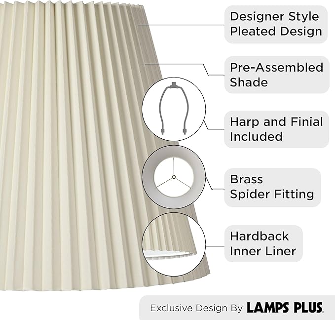 Set of 2 Pleated Empire Lamp Shades Ivory Large 10" Top x 17" Bottom x 14.75" High Spider with Replacement Harp and Finial Fitting - Springcrest