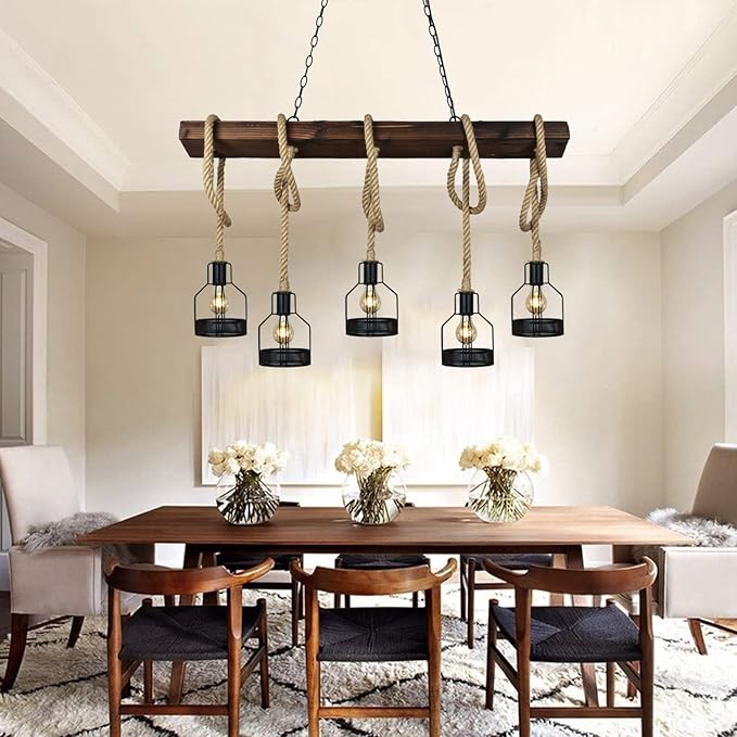 Farmhouse Pendant Lights Kitchen Island, Kitchen Light Fixtures, Rustic Dining Room Light Fixture with 5 E26 Bulb Sockets, Black Metal and Wood Beam Ceiling Pendant Light Fixtures