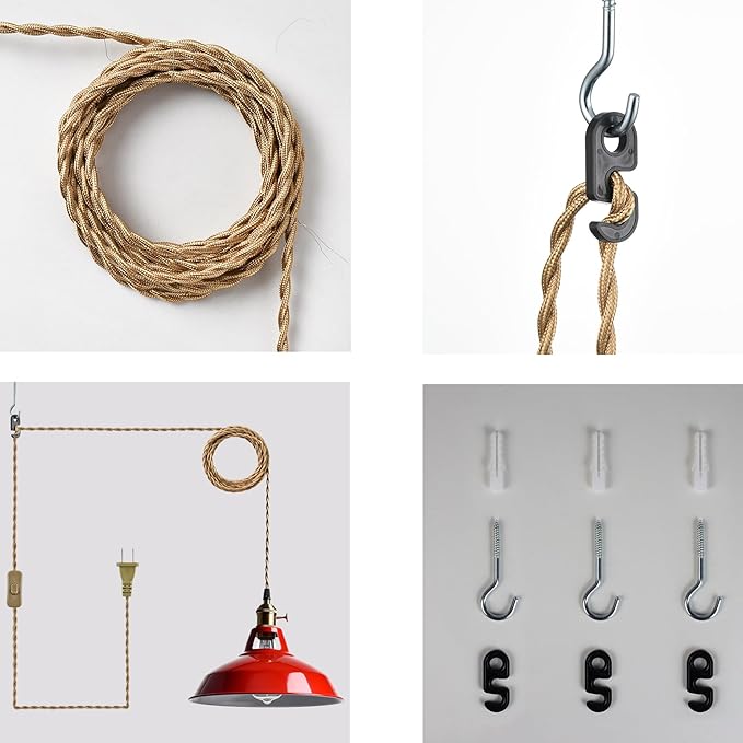 YUBOLE Plug-in Pendant Light Vintage Red Barn Shade Hanging Light Fixture Adjutable Hanging Cord with On-Off Switch Swag Lamp for Kitchen Bar Cafe Bedroom Loft