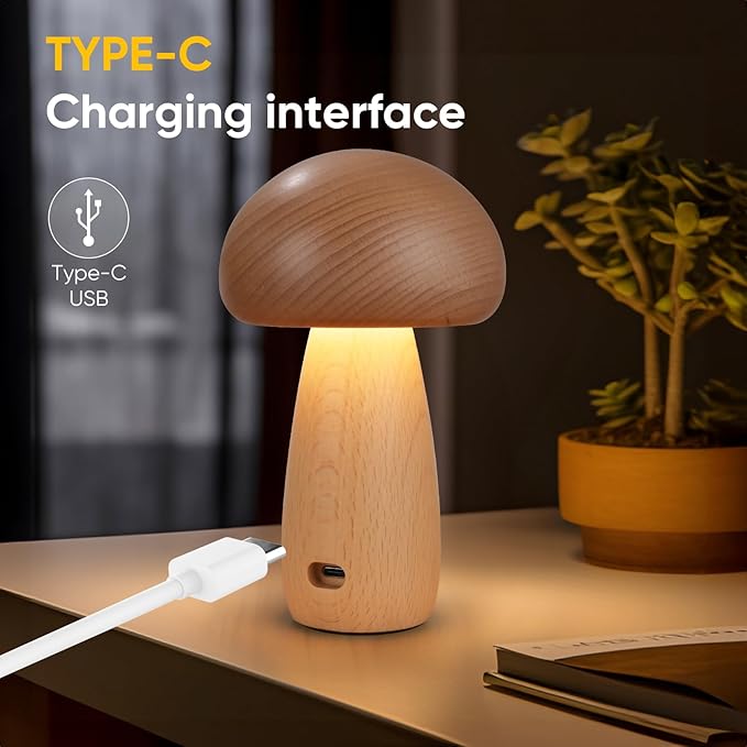 Wooden Mushroom Lamp for Bedroom, Portable Cordless Small Rechargeable Battery Operated Lamp,Stepless Dimming, Night Light for Birthday Gifts
