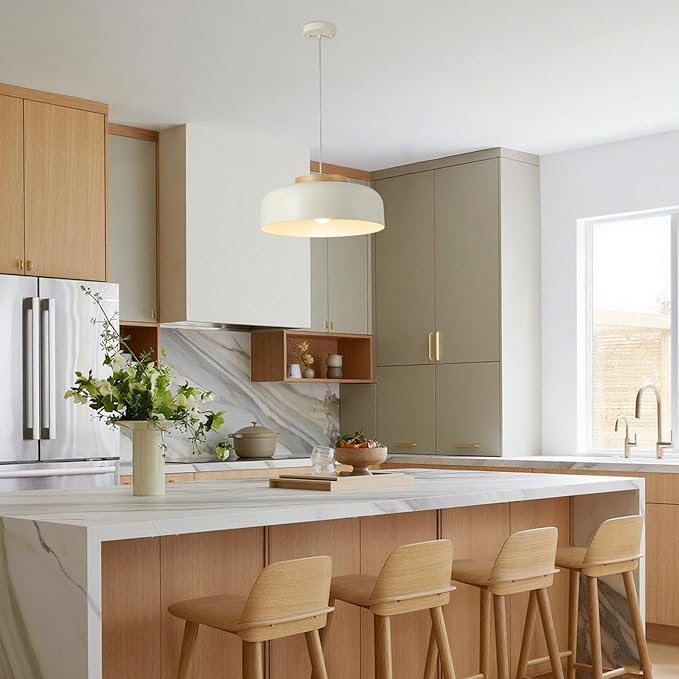 Modern Large Pendant Light, 17.7 inch,Cream Lampshade,Natural Wood,Simple Chandelier for Dining Room,Kitchen Table
