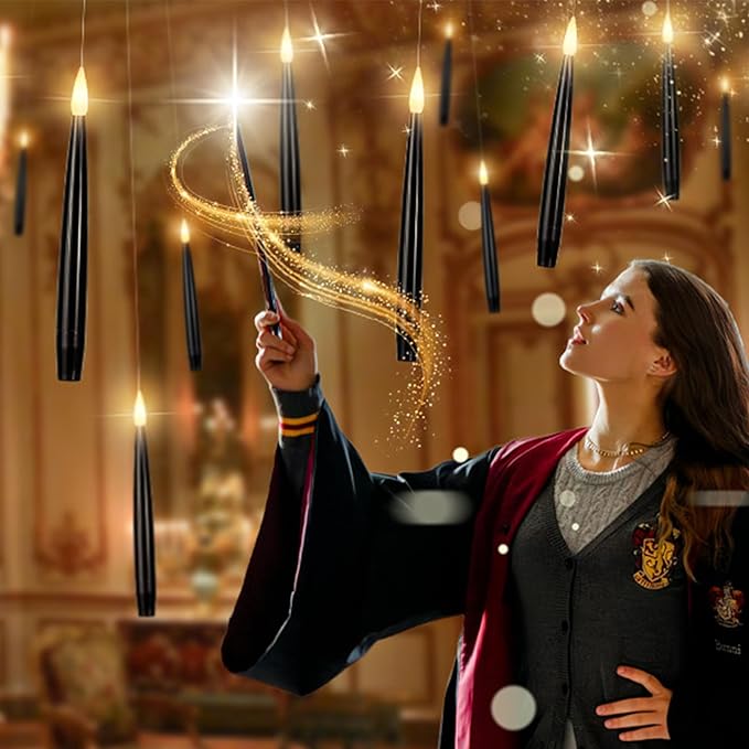 Floating Candles with Wand, Magic Halloween Decorations 10pcs Black Flameless Candles with Remote LED Battery Operated Candle for Halloween Decor Gift 6.1in