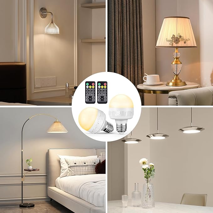 SCOPOW 1PC Rechargeable Light Bulbs with Remote Control Timer and 3 Color Temperature Rechargeable Battery Operated Light Bulb (5W+E26+3Colors+1PC)