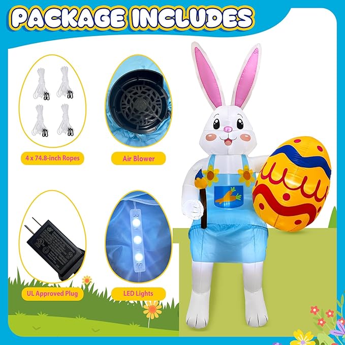 8FT Easter Inflatables Outdoor Decorations Sitting Inflatable Bunny Decor, Inflatable Eggs Decor with LED, Easter Blow Ups for Outside Roof Yard Shop Garden