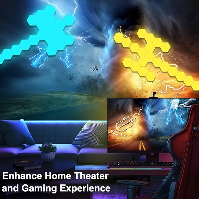 Hexagon LED Lights with Remote Control, Hexagon Wall Lights RGB Gaming LED Lights for Gaming Setup Touch Sensitive, DIY Geometry Modular LED Light Panels for Gaming Room Bedroom Streaming, 10 Pack