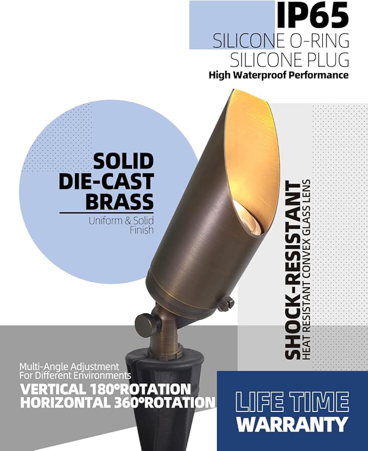 MALORY Brass Landscape Spotlight 1-Pack with 5W LED MR16 Bulb Kit(S03), 12V AC/DC Low Voltage Outdoor Landscape Lighting Shroud Adjustable,Ground Stake and Wire Connector Included,2700K Warm White